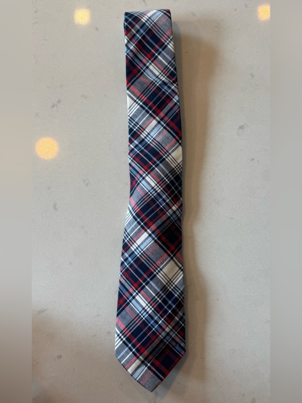 Men's Plaid Neck Tie in Navy, Red, and White
